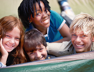 Image showing Friends, camping and happy portrait of children for resting, relaxing and comfortable in tent. Travel gear, smile and young girls and boys for adventure on holiday, vacation and weekend outdoors