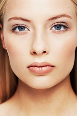 Image showing Face, beauty and skin with woman and cosmetic care, dermatology and model with confidence and shine. Makeup, glow and facial, skincare treatment or cosmetology for wellness, grooming and makeover