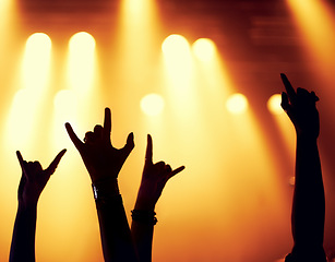 Image showing Rock, concert and silhouette of hands with fans in celebration of music, festival and event at night with energy. People, party and emoji sign for metal or support at rave with light from stage