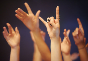 Image showing Rock on gesture, hands and music festival with people, celebration and party with entertainment and night. Concert, energy and crowd with symbol and excited with audience and group with performance