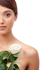 Image showing Woman, rose and beauty with half portrait, vegan and model for skincare cosmetics on white background. Makeup, wellness treatment or mockup with shine, flower or organic for glow with healthy skin