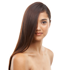 Image showing Hair care, health and portrait of young woman in studio for cosmetic, salon and beauty treatment. Wellness, confident and female person with shiny conditioner hairstyle routine by white background.