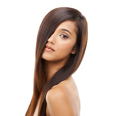 Image showing Hair care, shiny and portrait of woman in studio for cosmetic, salon and beauty treatment. Wellness, confident and young female person with healthy conditioner hairstyle routine by white background.