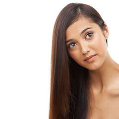 Image showing Hair care, woman and face or thinking in studio with keratin treatment, soft texture and shampoo shine on mockup. Model, person and beauty with hairstyle ideas, cosmetics and glow on white background