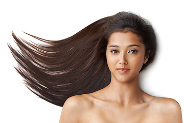 Image showing Hair care, woman and portrait or happy in studio with keratin treatment, soft texture and shampoo shine. Model, face and beauty with hairstyle results, cosmetics and collagen glow on white background