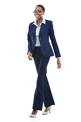 Image showing Walking, lawyer and happy black woman in studio isolated on a white background with smile. African manager, legal business and professional attorney in suit for career in Kenya with pride or fashion