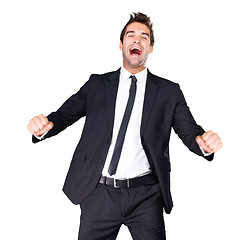 Image showing Portrait, business and man with celebration, excited and employee isolated on a white studio background. Person, model and entrepreneur with promotion and bonus with giveaway and achievement with joy