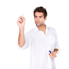 Image showing Thinking, writing and man with business, brainstorming and employee isolated on a white studio background. Person, model and entrepreneur with ideas and project with planning and decision with choice