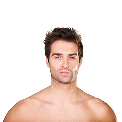 Image showing Portrait, skincare and man with cosmetics, grooming and confident guy isolated on a white studio background. Face, person and model with mockup space and beauty with treatment, shine and wellness