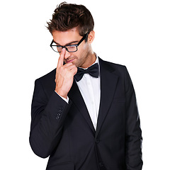 Image showing Studio, fashion and man with tuxedo, glasses and formal evening wear for elegant outfit on white background. Suit, confidence and aesthetic model with classy outfit, fancy clothes and fix eyeglasses