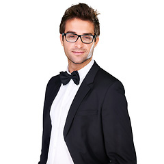 Image showing Fashion, confidence or man with tuxedo, suit and glasses for formal wear, elegant outfit or apparel on white background. Blazer, studio or model smirk with classy suit, fancy clothes and eyeglasses