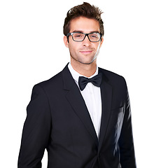 Image showing Studio portrait, fashion and confident man in tuxedo, formal evening wear or elegant outfit on white background. Suit, glasses and aesthetic model with classy outfit, fancy clothes and classic style