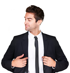 Image showing Studio, fashion and man confident in tuxedo choice, formal attire or stylish outfit isolated on white background. Pride, elegance and model with classy outfit, fancy clothes and classic apparel