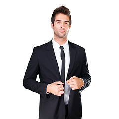 Image showing Studio, fashion and man serious in tuxedo, formal evening wear or elegant outfit isolated on white background. Suit, attitude and gentlemen with classy blazer, fancy clothes and classic apparel style