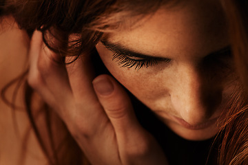 Image showing Woman, beauty and face with hair, makeup and lash extension treatment in studio. Closeup, natural ginger and female person with cosmetics and freckles with model thinking and mascara looking down