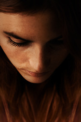 Image showing Woman, beauty and thinking face with salon, lash extension and makeup with treatment in studio. Closeup, cosmetics and female person with mascara, eyelash lift with freckles and dark background