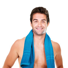 Image showing Skincare, towel and studio portrait of happy man with morning hygiene routine, grooming or self care. Spa, salon and person relax after wash, bath or shower for facial cleaning on white background