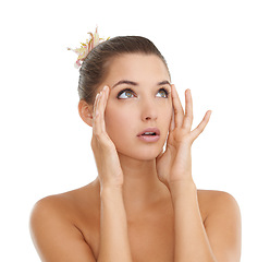 Image showing Skincare, thinking and hands on face of woman in studio with wellness, cosmetics or results on white background. Natural beauty, questions or lady model planning, solution or facelift treatment idea