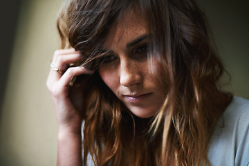 Image showing Woman, face and thinking with headache in mistake, stress or burnout on wall background at home. Closeup of young female person in mental health, anxiety or depression with insomnia in lonely house