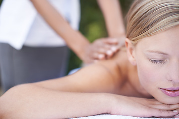 Image showing Woman, masseuse and therapist to relax, back and spa for treatment and stress relief therapy. Sleeping, massage and wellness in resort, peaceful and hands for luxury, body care and tranquility