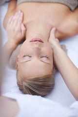 Image showing Woman, massage and therapist to relax, neck and spa for treatment and stress relief therapy. Sleeping, masseuse and wellness in resort, peaceful and hands for luxury bodycare and tranquility