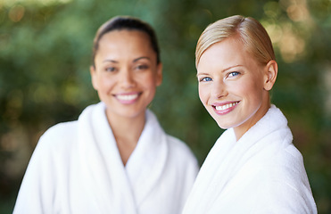 Image showing Portrait, women and friends smile at spa for therapy, beauty and skincare treatment for wellness. Face, happy girls and salon to relax, luxury pamper or peace together at outdoor resort for health