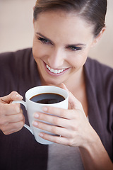 Image showing Coffee, happy and above of woman in home with thoughtful, wondering face and relax. Morning, breakfast and person smile with mug drinking tea, caffeine and hot beverage in living room for wellness