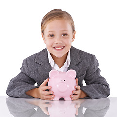 Image showing Child, portrait and suit or piggy bank for saving money or professional dream for lawyer, financial or white background. Female person, face and studio or future goals, mockup space or investment