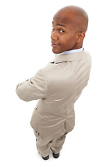 Image showing Portrait, looking over shoulder and black man with startup, suit and employee isolated on a white studio background. Face, back and entrepreneur with business attire, professional and confident guy