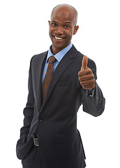 Image showing Happy businessman, portrait and thumbs up for good job, success or thank you on a white studio background. Face of black man or employee smile with like emoji, yes sign or OK for business agreement