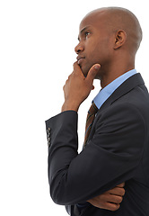 Image showing Business, black man and thinking at space in studio of decision, future ideas and why on white background. Profile, curious worker or daydream of choice, solution or brainstorming questions at mockup