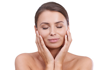 Image showing Woman, hands and eyes closed with beauty, skincare and cosmetics with hair, confident and face. Skin, female person and glow with makeup, studio and model for cosmetology, dermatology and beautiful