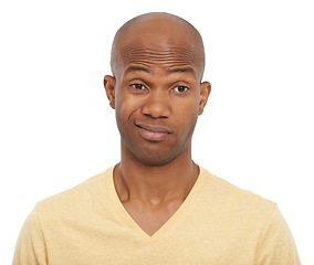 Image showing Why, confused and black man with choice, thinking and guy isolated on white studio background. African person, decision and model with ideas, opportunity and questions with review, doubt and emoji