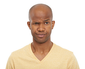 Image showing Portrait, thinking and confused with black man, doubt and expression isolated on white studio background. Face, African person and model with emoji, reaction and facial with mockup space and question