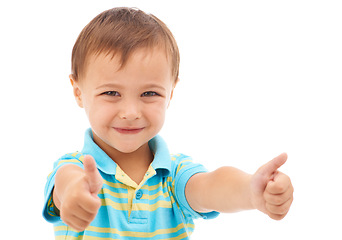 Image showing Boy kid, thumbs up and studio portrait with smile, choice and vote for agreement by white background. Child, model or person in trendy fashion with sign, symbol and icon for yes, thank you or like