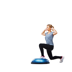 Image showing Woman, studio and lunge for exercise, ball or balance for legs, muscle development or profile by white background. Person, workout and training with mock up space for vision, wellness or healthy body