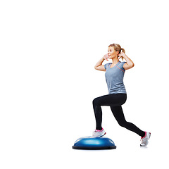 Image showing Woman, studio and lunge for training, ball or balance for legs, muscle development or profile by white background. Person, workout and exercise with mock up space for vision, wellness or healthy body