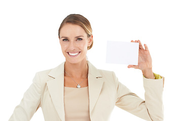 Image showing Space, portrait or happy woman with business card for a sale, promotion offer or logo advertising deal. Smile, empty bulletin board or lady with blank signage mockup in studio on white background