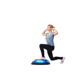 Image showing Girl, studio and lunge for training, ball or balance for legs, muscle development or profile by white background. Person, workout and exercise with mock up space for vision, wellness or healthy body