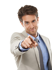 Image showing Happy businessman, portrait and pointing to you for opportunity, selection against a white studio background. Man or employee smile for choice in job hiring, promotion or career recruiting decision