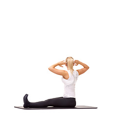 Image showing Training, health and mat with woman in studio for stretching, exercise and wellness. Workout, fitness and self care with female person on floor of white background for pilates, body and mockup space