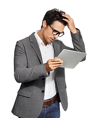 Image showing Confused, thinking and business man with tablet in studio for email, review or bad feedback on white background. Stress, anxiety and male entrepreneur with digital app fail, glitch or 404 disaster