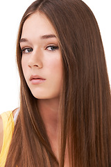 Image showing Hair, beauty and portrait of girl on a white background with attitude, confidence and style. Teenager model, youth and isolated young person with trendy clothes, casual outfit and stylish in studio