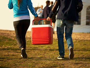 Image showing Back, people and cooler box with music festival, party and event with celebration, concert and picnic. Outdoor, friends or fun with nature, camping and happy with closeup, walking or social gathering