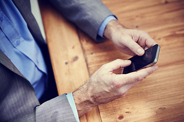 Image showing Businessman, hands and smartphone for email with internet connection, mobile app and streaming global news by desk. Accountant, typing and cellphone for digital project and technology in workplace