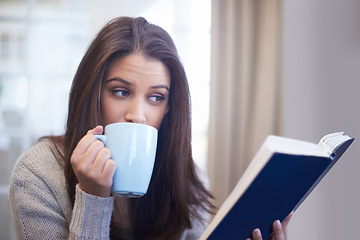 Image showing Woman, drinking coffee and reading book for knowledge at home, literature and fiction novel for relaxation. Female person, tea and information for learning, comfortable and fantasy story on weekend