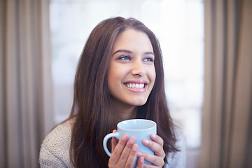 Image showing Happy woman, thinking and coffee in living room, future or daydream for inspiration and positivity in apartment. Smile, excited with tea and mindfulness with insight, ideas and drink espresso at home
