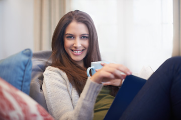 Image showing Woman, drinking coffee and reading book to relax in portrait, literature and fiction novel for knowledge. Female person, happy and information for learning, comfortable and story on weekend at home