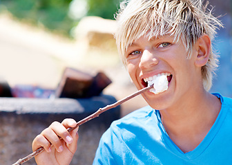 Image showing Child, portrait and marshmallow on stick or camping outdoor for dessert snack, adventure or summer. Boy, kid and face smile with chocolate or cookie for fire cooking or hungry, candy or environment