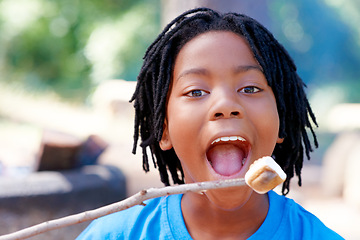 Image showing Boy, camping and happy for marshmallow in portrait, hungry and fire for roast candy in forest. African child, summer break and smile on face for sugar snack, hiking and nature for holiday adventure